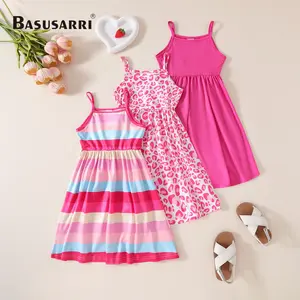 Girls' 3-Pack Summer Dresses: Trendy Striped, Pink Leopard Print & Solid Pink Sundresses for 4-7Y Kids - Comfy Sleeveless Spaghetti Strap Beach & Playtime Outfits for Little Fashionistas - Must-Have Vacation Essentials
