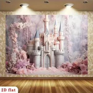 1pc Princess Backdrop Pink Castle Cherry Blossoms Theme Polyester Banner for Royal Princess Knight Theme Birthday Wedding Photoshoot Artistic Portrait