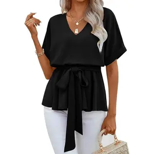 Womens V Neck Blouse Short Sleeve Belted Casual T-Shirts Basic Tee Tops