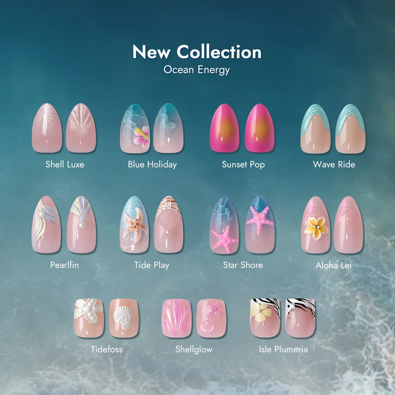 [Buy 1 Get 1 Free Glue]BTArtbox Press On Nails - Ocean Energy Short Press On Nails with Glue for Women, Square or Almond Opaque Soft Gel Glue On Nails in 16 Sizes - 32 Stick On Nails Kit, 3D Design, Summer Vacation Party