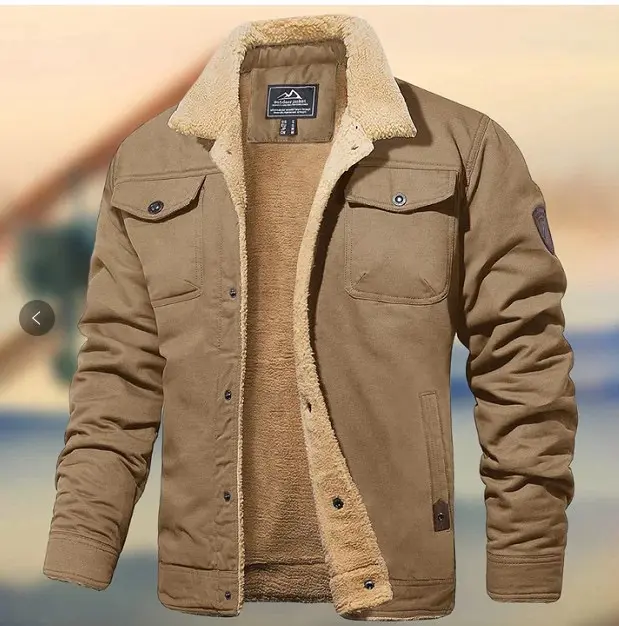 Men's Sherpa-Lined Button-Front Long-Sleeve Winter Trucker Cargo Jacket - Soft Cotton Fleece, Warm Collared, Multi-Pocket Casual Outdoor Menswear Top (Khaki Beige)
