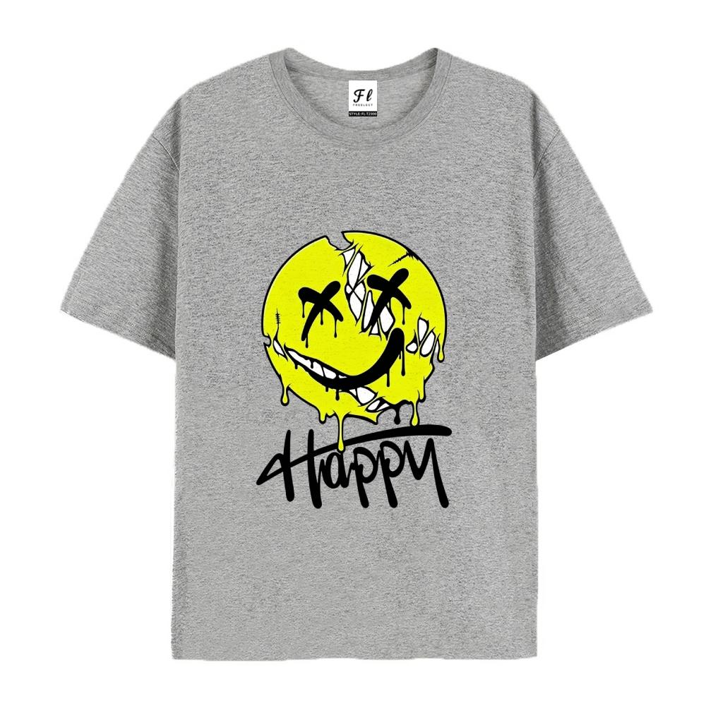OveHappy Dripping Smiley Print T-Shirt Men Women rsized Casual Streetwear Short Sleeve Tops