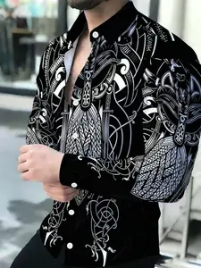 Men's Breathable Turn-down Collar Long Sleeve Black Viking Pattern Print Cardigan