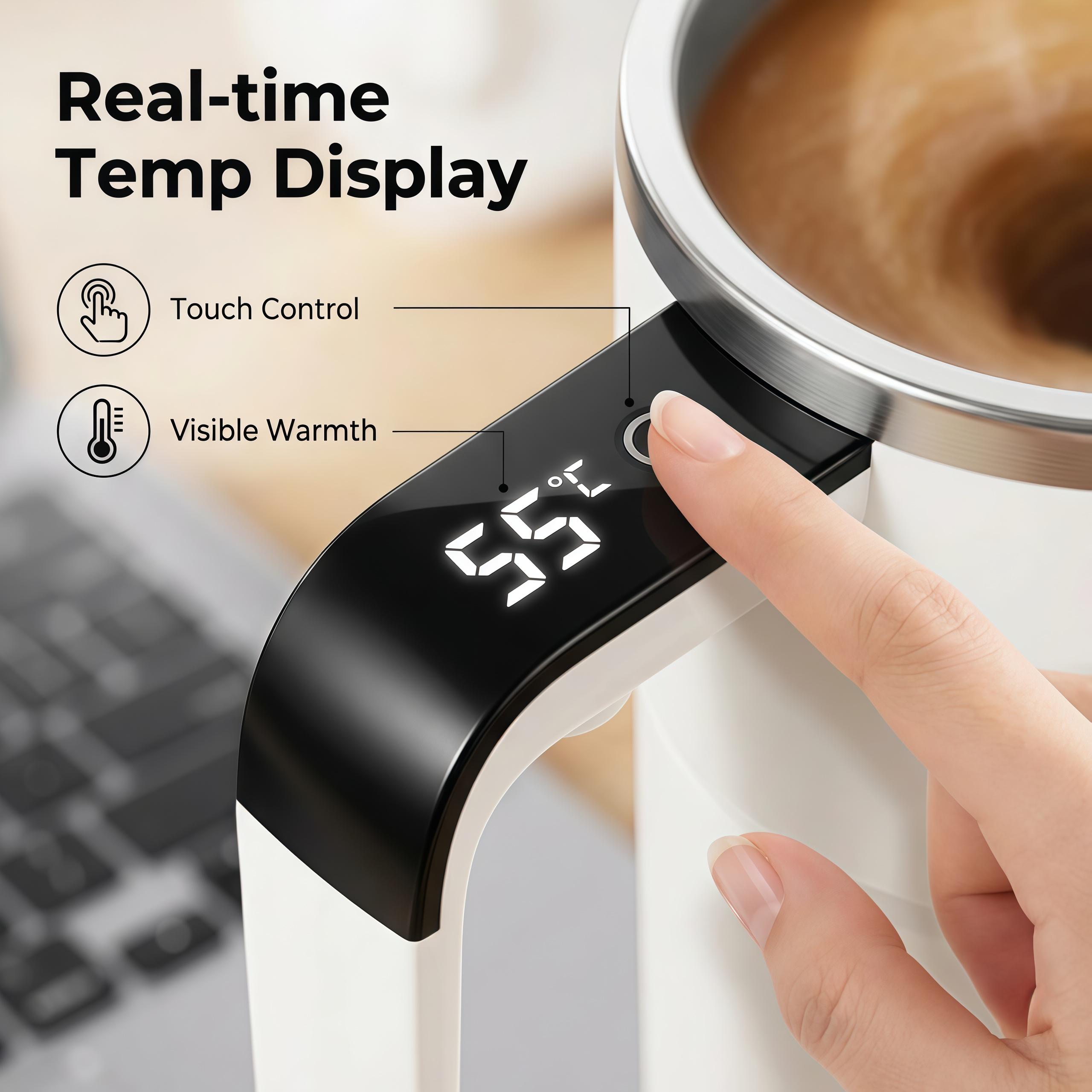 Rechargeable Self-Stirring Coffee Mug, Auto Magnetic Mixing, Temperature Display, 304 Stainless Steel, Double-Wall Insulated, Leak-Proof Travel Cup with Lid for Coffee, Milk, Protein Shakes