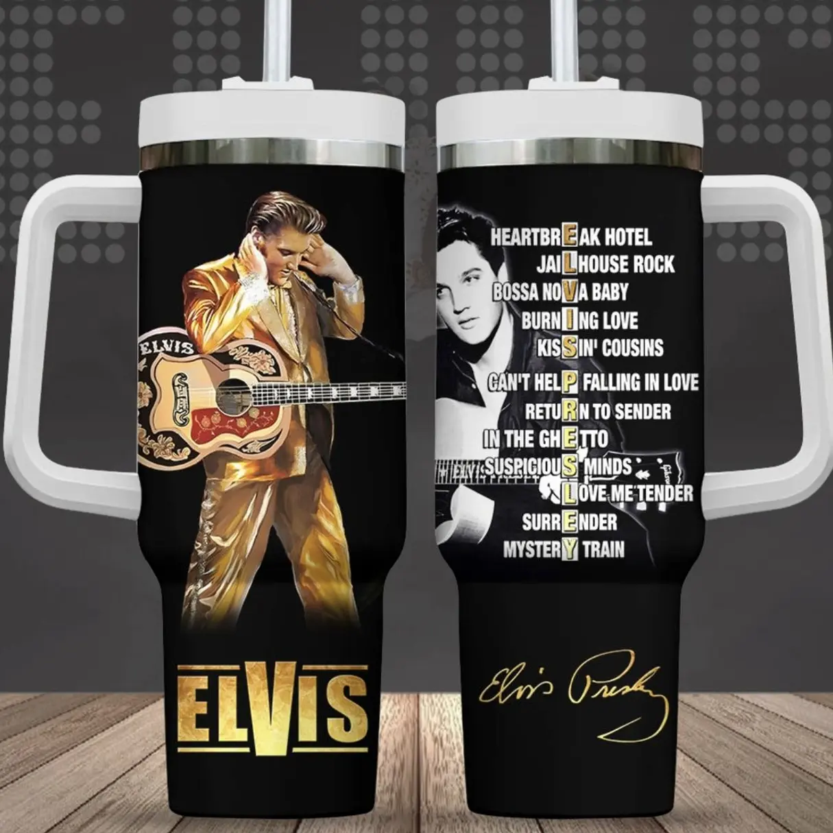 [ NEW DROP ] Elvis P Greatest Hits 40oz Tumbler with Handle – Retro Gold Suit Music Tracklist Gift Cup