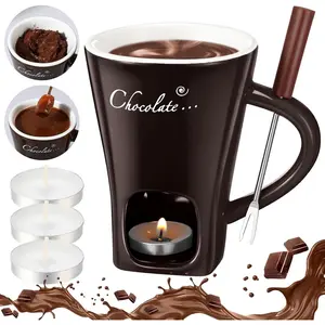 Sweet Ceramic Personal Chocolate Fondue Mug with Fork and Candle Chocolate Melting Cup Ideal Gifts for Birthday Date Night Wedding (Brown)
