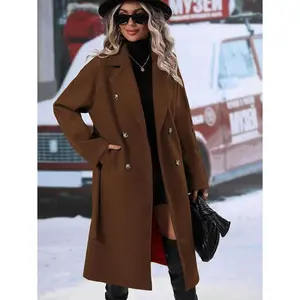 Womens Long Wool Pea Coat Notched Lapel Double Breasted Trench Coat Winter Warm Overcoat with Belt Womenswear Jackets