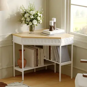 FUFU&GAGA Modern Corner Computer Desk, White Triangle Computer Desk with Rotating Storage Drawer and Open Shelves for Small Spaces, Living Room Side Table, Corner Office Table