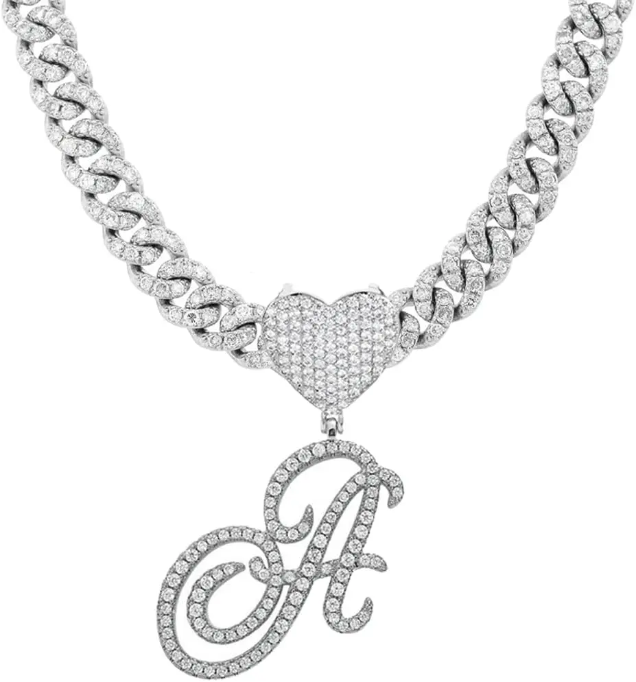 Initial Necklaces Silver Cuban Link Chain for Women Iced Out Chain with Heart Letter Pendants Custom Chain Name Necklace Hip Hop Jewelry Gift