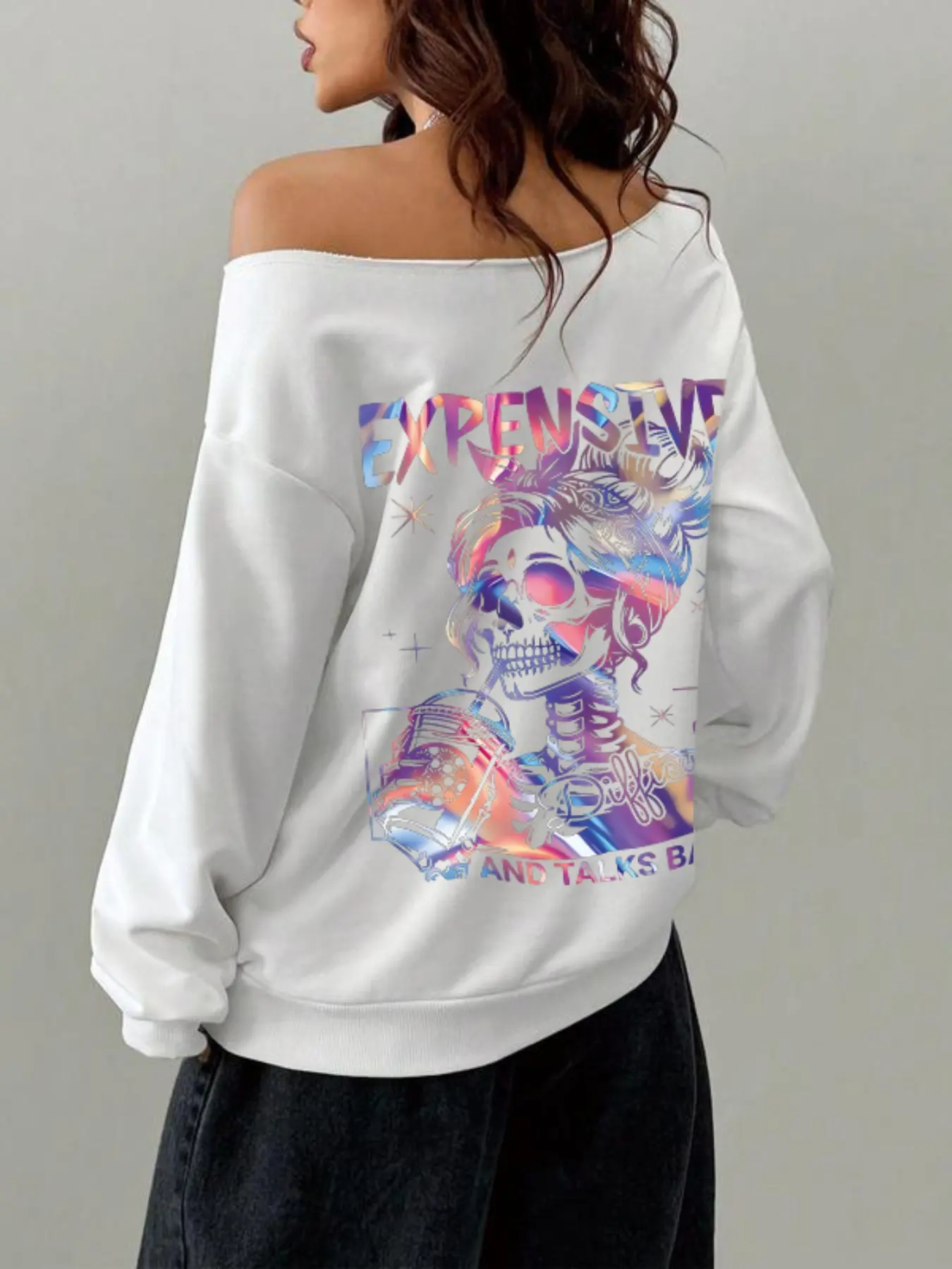 Women's Plain off Shoulder Knit Fabric Sweatshirt, Casual Street Fashion Long Sleeve Pullover, Tops for Daily Wear, Stylish Ladies Summer Clothes Fit, Knitwear, Everyday, Womenswear