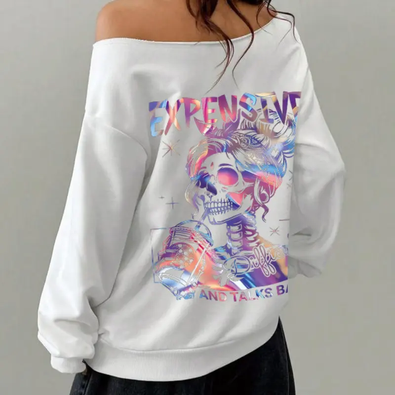 Women's Plain off Shoulder Sweatshirt, Casual Street Fashion Long Sleeve Pullover for Daily Wear, Stylish Ladies Summer Clothes