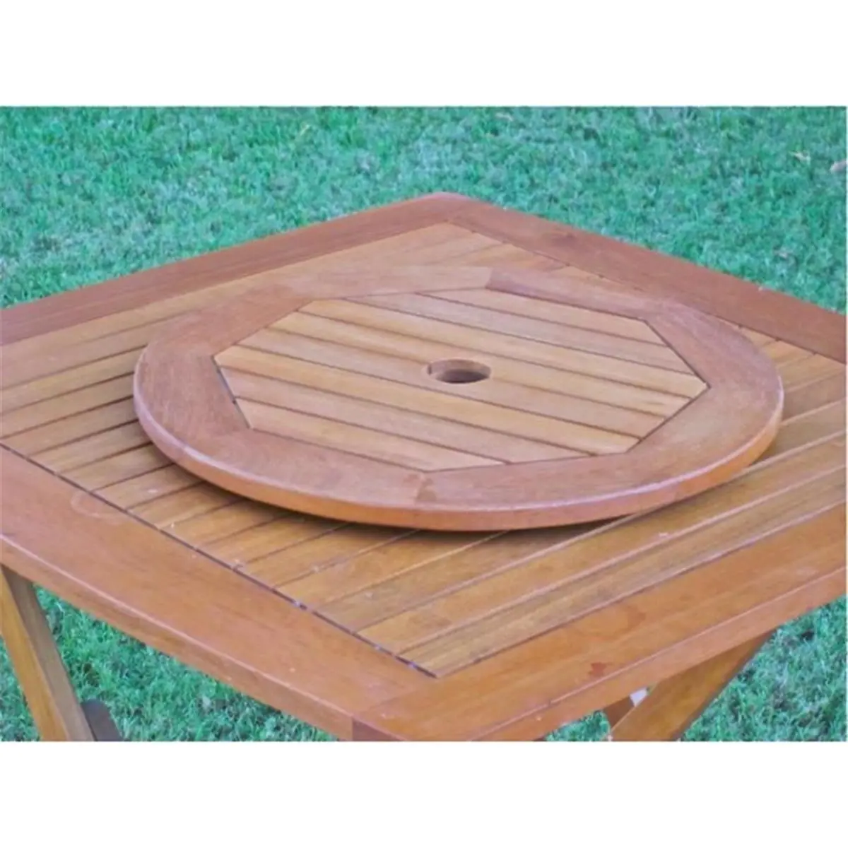 International Caravan Royal Tahiti Balau Wood Outdoor Patio Lazy Susan - 28x28x1.25", Waterproof, Dual Stain Finish, Fully Assembled, Umbrella Hole, Ideal for Campfire/BBQ Parties, Patio Decor, Campfire / Bbq Party