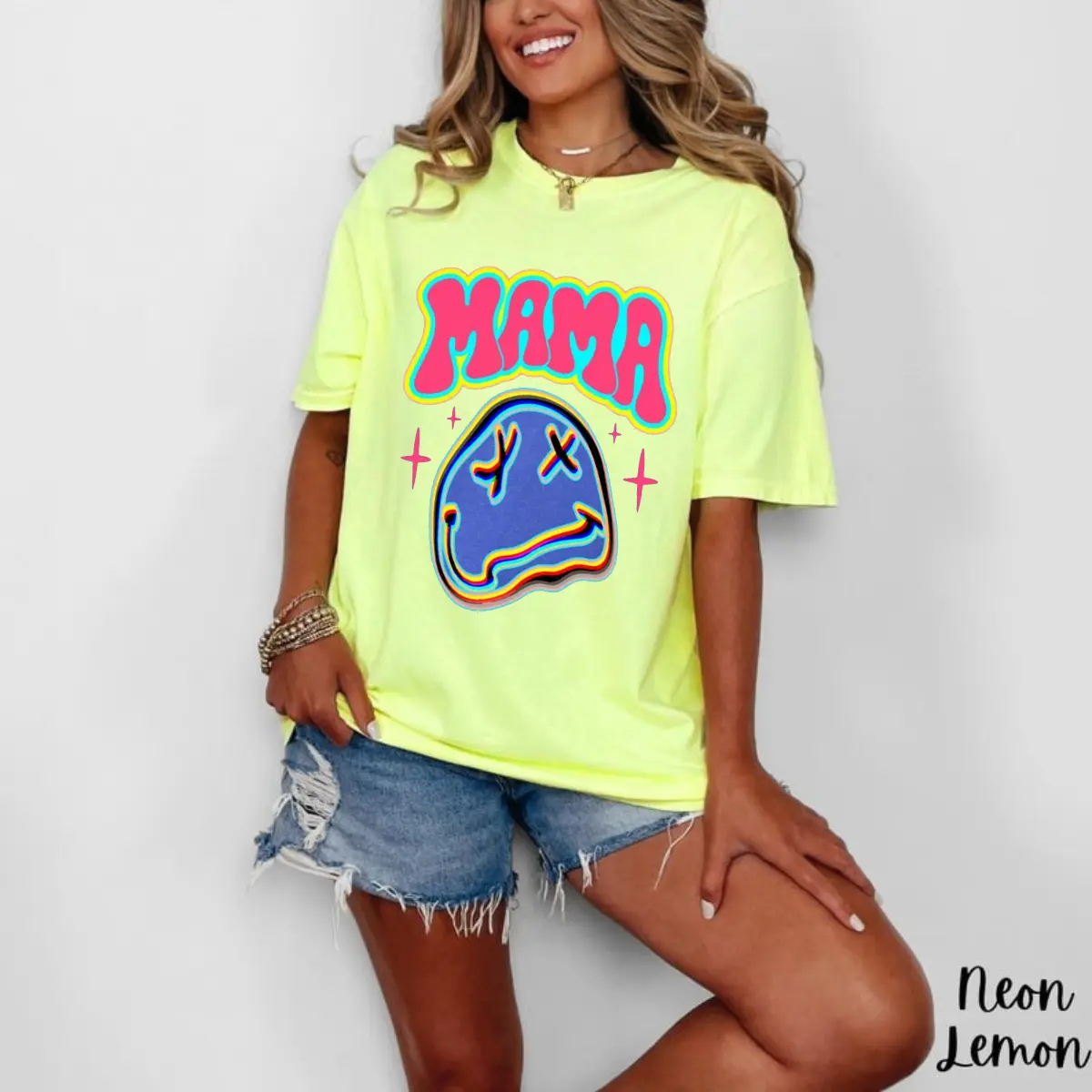 Comfort Colors Mama Smiley Tee, Vibes Neon Graphic Shirt, Trendy Vintage Unisex Top with Retro Summer Look