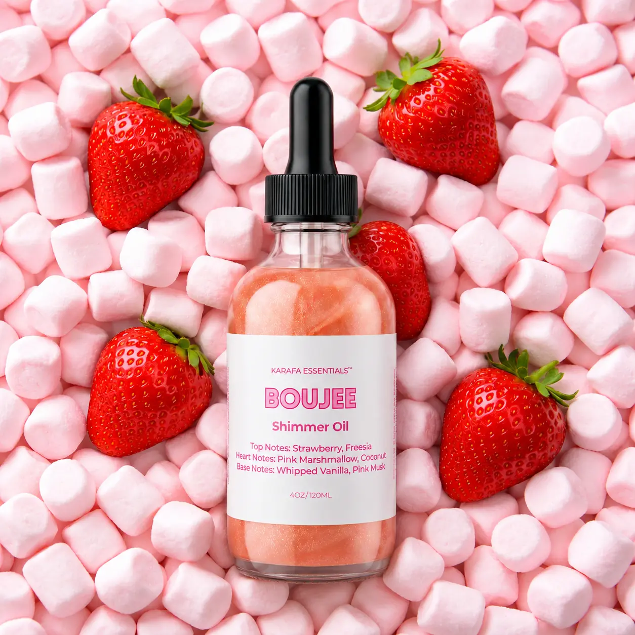 Boujee Moisturizing Shimmer Body Oil Strawberry Freesia Pink Marshmallow Coconut Whipped Vanilla Pink Musk by Karafa Essentials