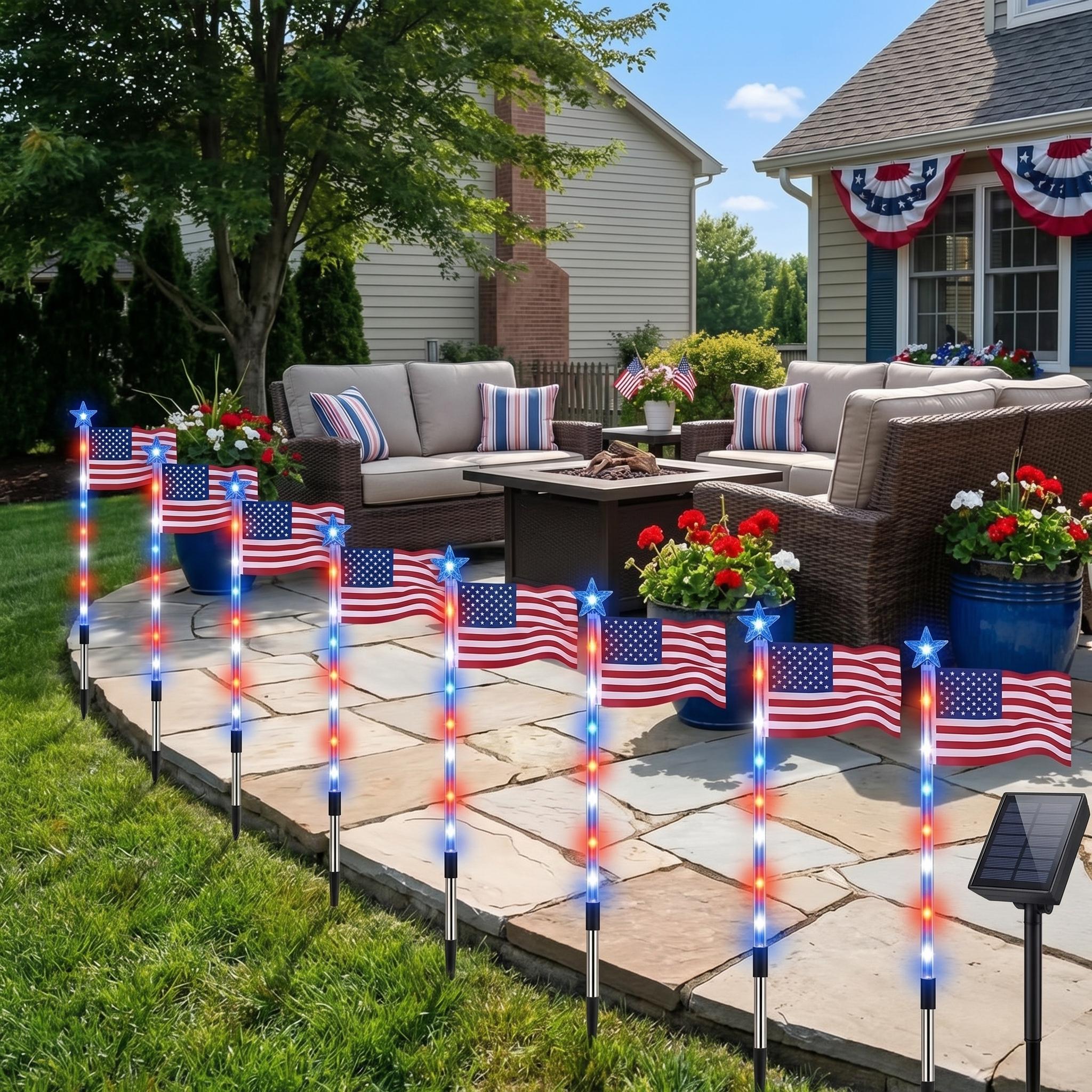 8-Piece Flag Light Set, 4th of July Decorations 8 Lighting Modes, 8-in-1 American Flag Solar Lights, Memorial Day Decorations Featuring Red, White, and Blue Lights for Independence Day Pathway Garden Decorations Yard Pathway 8-Piece Flag Light Set, 4th of July Decorations 8 Lighting Modes, 8-in-1 American Flag Solar Lights, Memorial Day Decorations Featuring Red, White, and Blue Lights for Independence Day Pathway Garden Decorations Yard Pathway