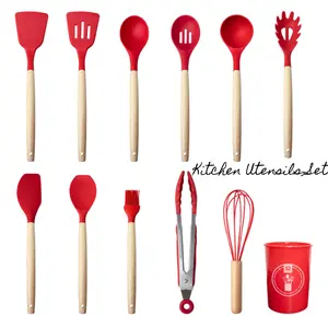 Silicone Cooking Utensils Set - 12PCS Nonstick Cooking with Wooden Handle, 2.87 lbs, Heat Resistant, Odorless, Easy to Clean Kitchen Plastic Tool