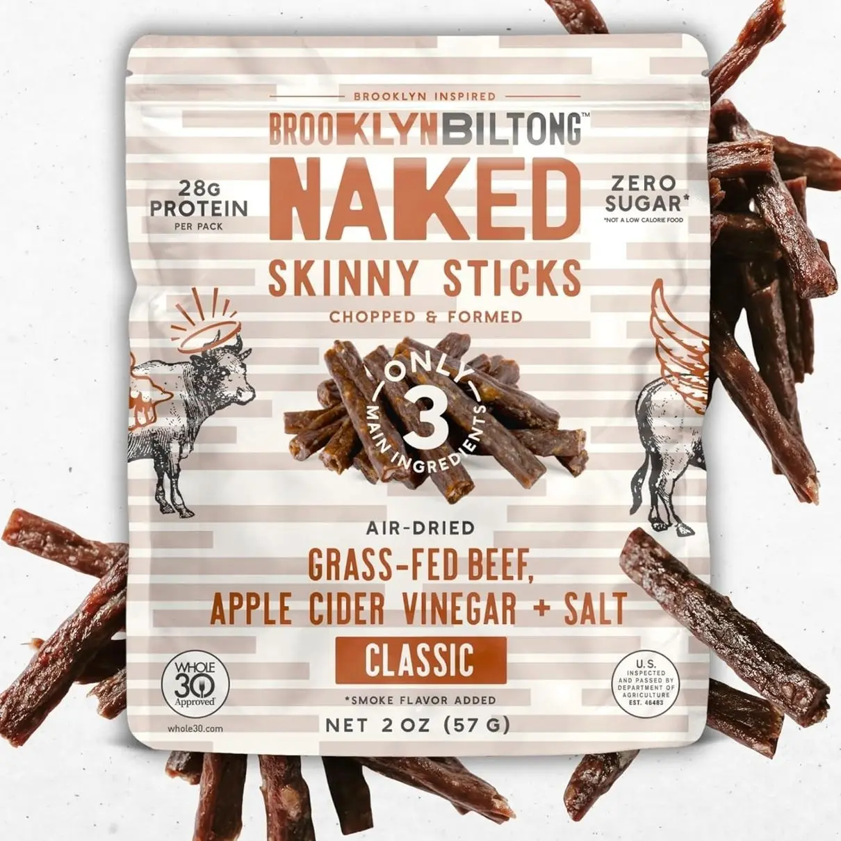 Brooklyn Biltong Naked Skinny Sticks (Naked 2 oz, Pack of 2) - Grass-Fed Biltong Beef Jerky Meat Stick - 14g High Protein Snacks - Premium Air Dried, Paleo, Keto, Gluten Free, Sugar Free - Made in USA