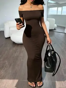 One-Shoulder Short Sleeve Bodycon A-Line Long Dress, Sexy Pure Color Tight-Fit Evening Gown, Elegant Slimming Off-The-Shoulder Date Night Dress, Chic
