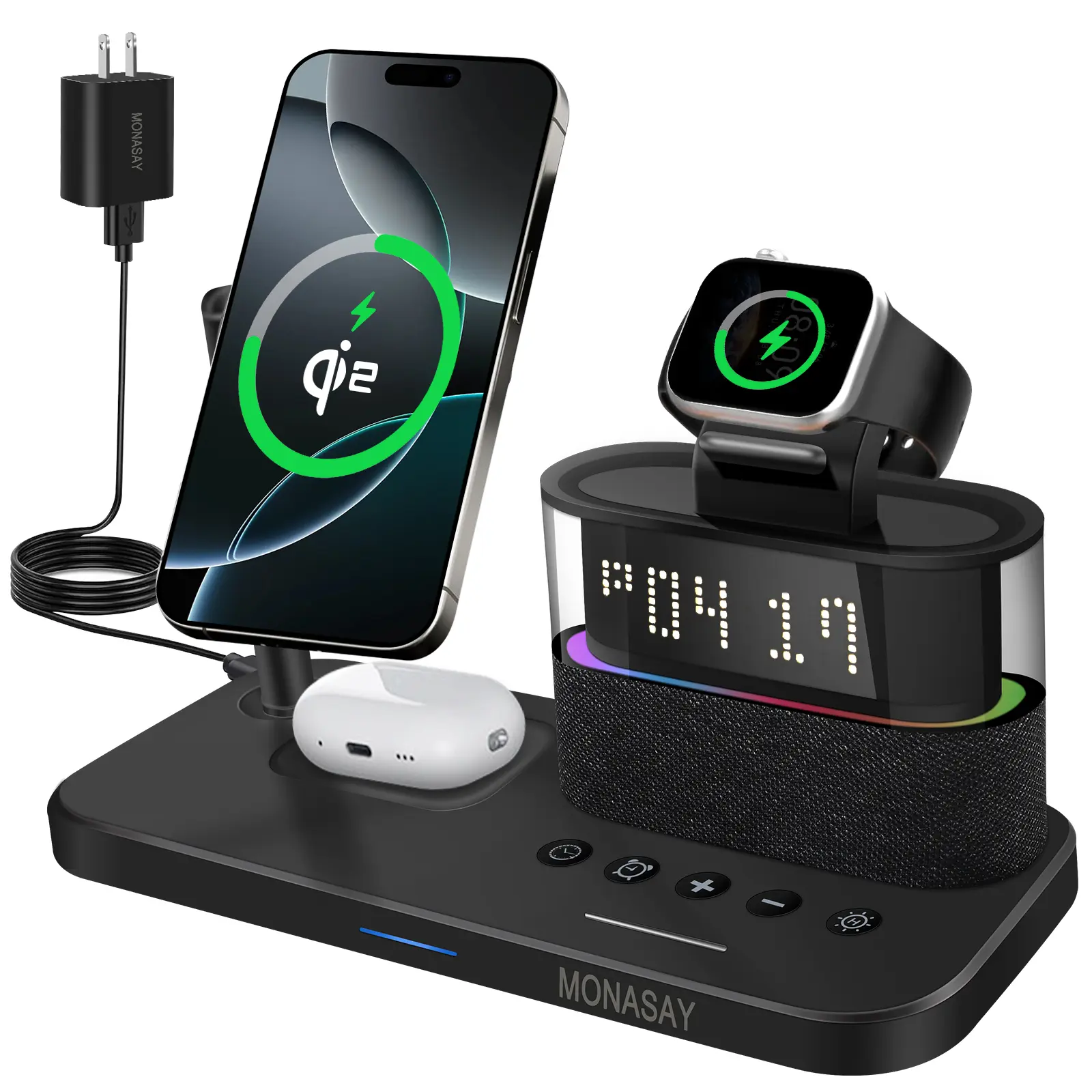 MONASAY Qi2 5 in 1 Wireless Charging Station, 23W Wireless Charger with Alarm Clock for Multiple Devices, Magnetic Charger Stand for iPhone 16/15/14/13/12 Series and AirPods, Apple Watch Series,