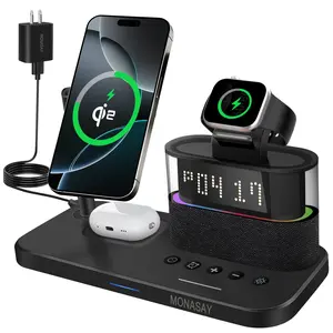 MONASAY Qi2 5 in 1 Wireless Charging Station, 23W Wireless Charger with Alarm Clock for Multiple Devices, Magnetic Charger Stand for iPhone 16/15/14/13/12 Series and AirPods, Apple Watch Series,
