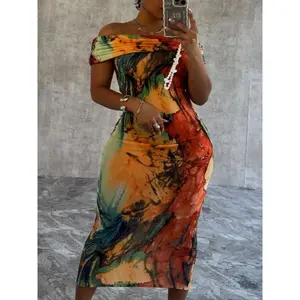 Oversized off-shoulder slim-fit women’s long dress – an elegant printed party dress suitable for summer and evening wear GARMENTARY