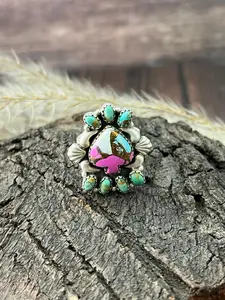 Handmade Sterling Silver Cotton Candy with Kingman Turquoise Adjustable Ring "Signed Nizhoni"
