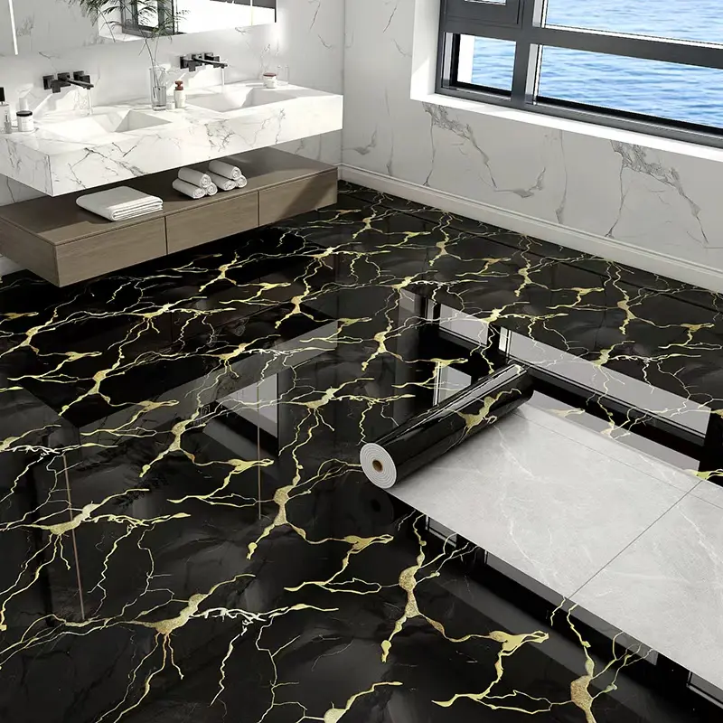 Self-Adhesive Peel and Stick Vinyl Flooring Roll, 2.2 mm Thick, 23" × 118" (19 Sq.Ft), Black Gold Marble-Pattern Floor Sticker, Durable Waterproof Removable, for Living Room, Bedroom & Kitchen Floor Decoration.