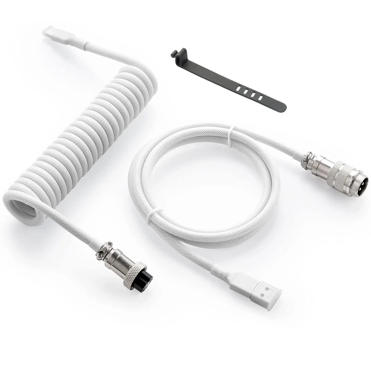 P-APT01 Pro Custom Coiled USB Type-C to USB-A Gaming Keyboard Cable, 1.5M White Double-Sleeved, Detachable Metal Aviator Connector & Plug, Aluminum Shield, High-Speed Charging Sync, Durable Mechanical Keyboard Accessories