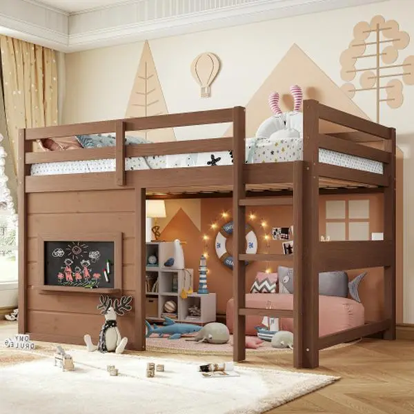 【Bellemave】Twin /Full  Size loft bed with a playful sliding chalkboard, built-in bookshelf, and high-quality safety rails