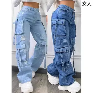 2025 New Fashionable Solid Color All-Matching plus Size High Waist Multi-Pocket Leisure Cargo Denim Trousers for Women Pants Jean Womenswear Streetwear Bottom Light Blue