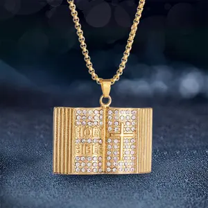 Vintage Bible Book Cross Pendant Necklace For Men Women Religion Cross Holy Bible Pendant Fashion Christian Jesus Amulet Jewelry Gift for Mother Father Friends Birthday Christmas Anniversary