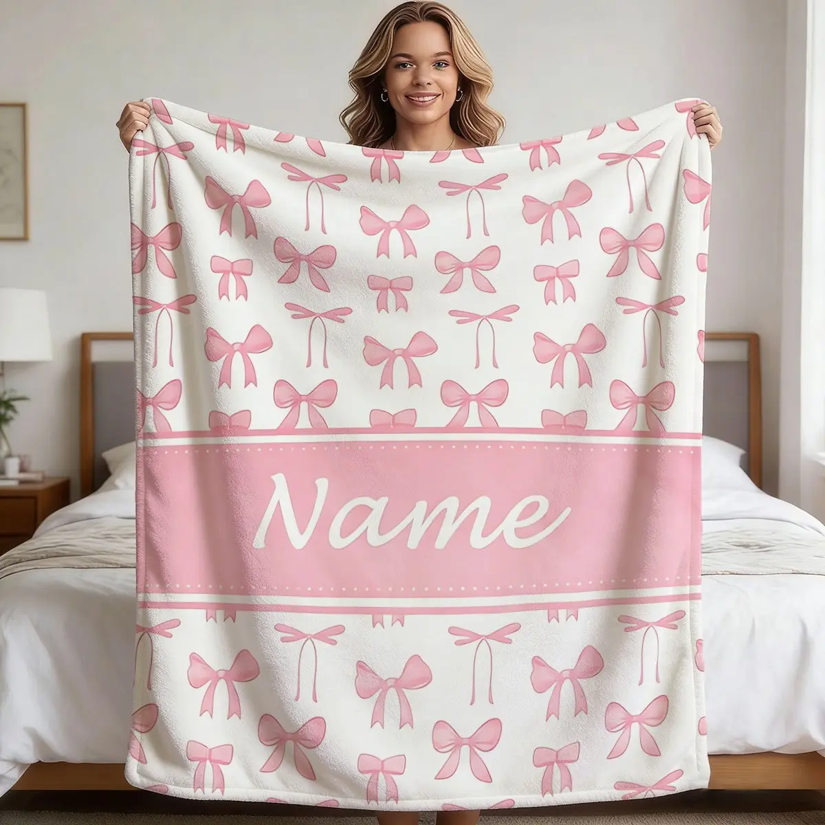 Custom Name Flannel Pink Beautiful Bow Personalized Blanket, with Exclusive Name Customization. Pink Bow Pattern Gift, Soft Warm Nap Blanket, Versatile for Sofa, Office, Camping, All-Season, High-Quality Durable Material, Comfortable Home Item