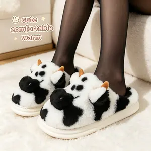 Slippers Warm Cow Print Cotton Slippers Men Women Thick Sole Anti Slip Indoor Home Shoes Flipflop Footwear Girl