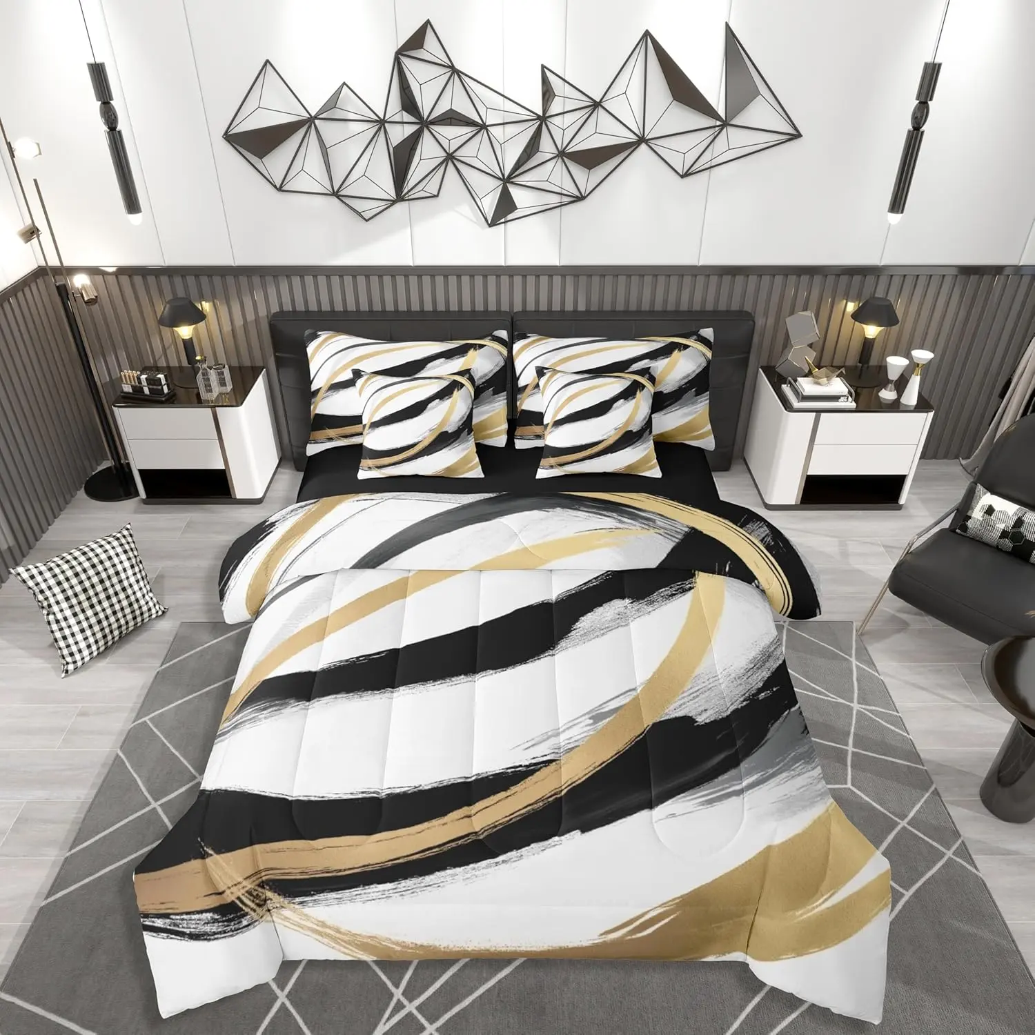 Black White Gold Comforter Set 7 Pieces Kids Line Abstract Bedding Set for Boys Girls Teens Modern Geometric Bed in a Bag Soft Lightweight Microfiber Room Decor