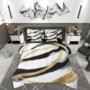 Black White Gold Comforter Set 7 Pieces Kids Line Abstract Bedding Set for Boys Girls Teens Modern Geometric Bed in a Bag Soft Lightweight Microfiber Room Decor