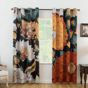 Floral Room Darkening Curtains - 80% Blackout Botanical Kitchen Curtain Drapes, Boho  Energy Efficient Shades-  for Living Room & Bedroom, W52 x84, 2 Panels