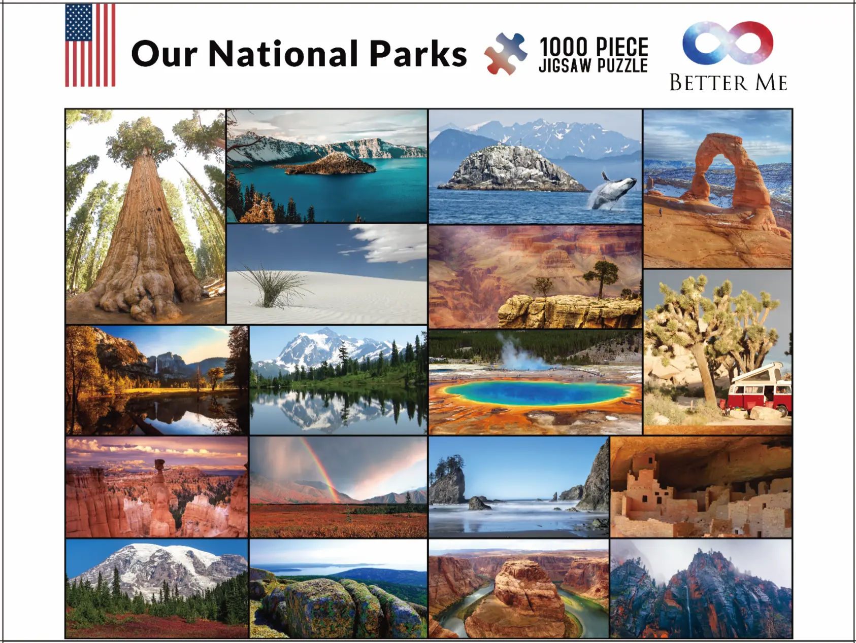 Better Me Our National Parks Puzzle 1000 Piece - USA National Parks Jigsaw Puzzle, Acadia, Yellowstone, Zion, Arches, Crater Lake, Mount Rainier, Great National Park Gifts 1000 Piece Puzzle