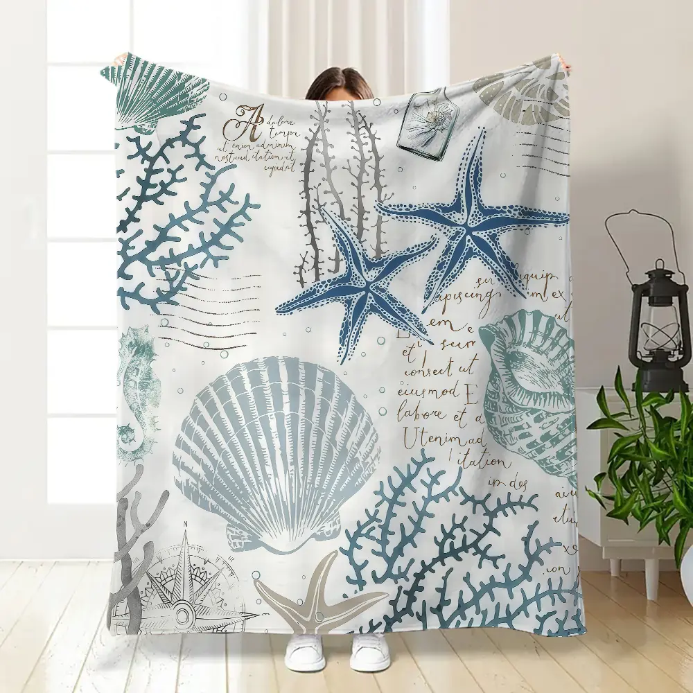 Coastal Beach Flannel Throw Blanket - Vintage Seashell Print, Double Sided Polyester, Wrinkle Resistant, Durable, Breathable, Cozy Soft, Multi-Size (60*80 in), for Nautical Lovers Bedroom Decor, Ocean Themed Gift