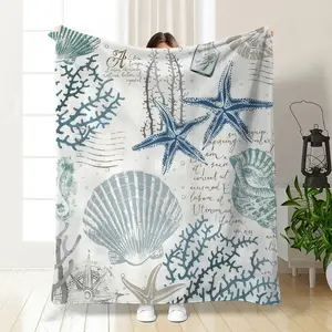 Coastal Beach Throw Blanket Vintage Seashell & Starfish Print Flannel Cozy Soft for Nautical Lovers Bedroom Decor Ocean Themed Gift