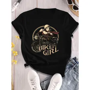 BIKER Graphic Tee - "BIKER " Text Print, Cartoon Motorcycle Design, Casual Crew Neck Short Sleeve T-Shirt for Women, Spring/Summer Fashion, Casual Wear |   Cartoon Print Top |   Round Neck Shirt
