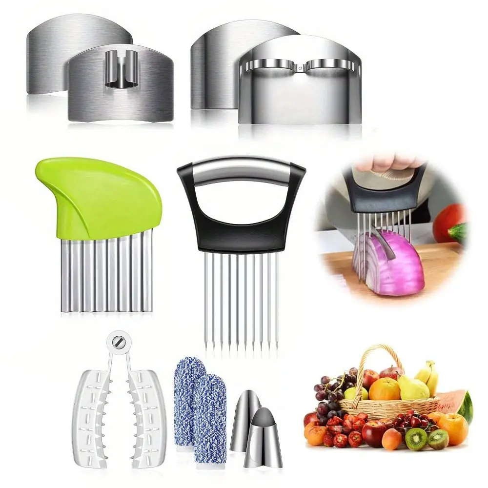 11 Pieces Kitchen Finger Guard Set for Cutting, Including 4 Stainless Steel Knife Cutting Protector, 2 Thumb Guard Protector, 2 Finger Cots, Potato Butter Lettuce Cutting Guard, Onion Needle, Slicer, Cut-resistant Finger Knife kitchen utensil gadget