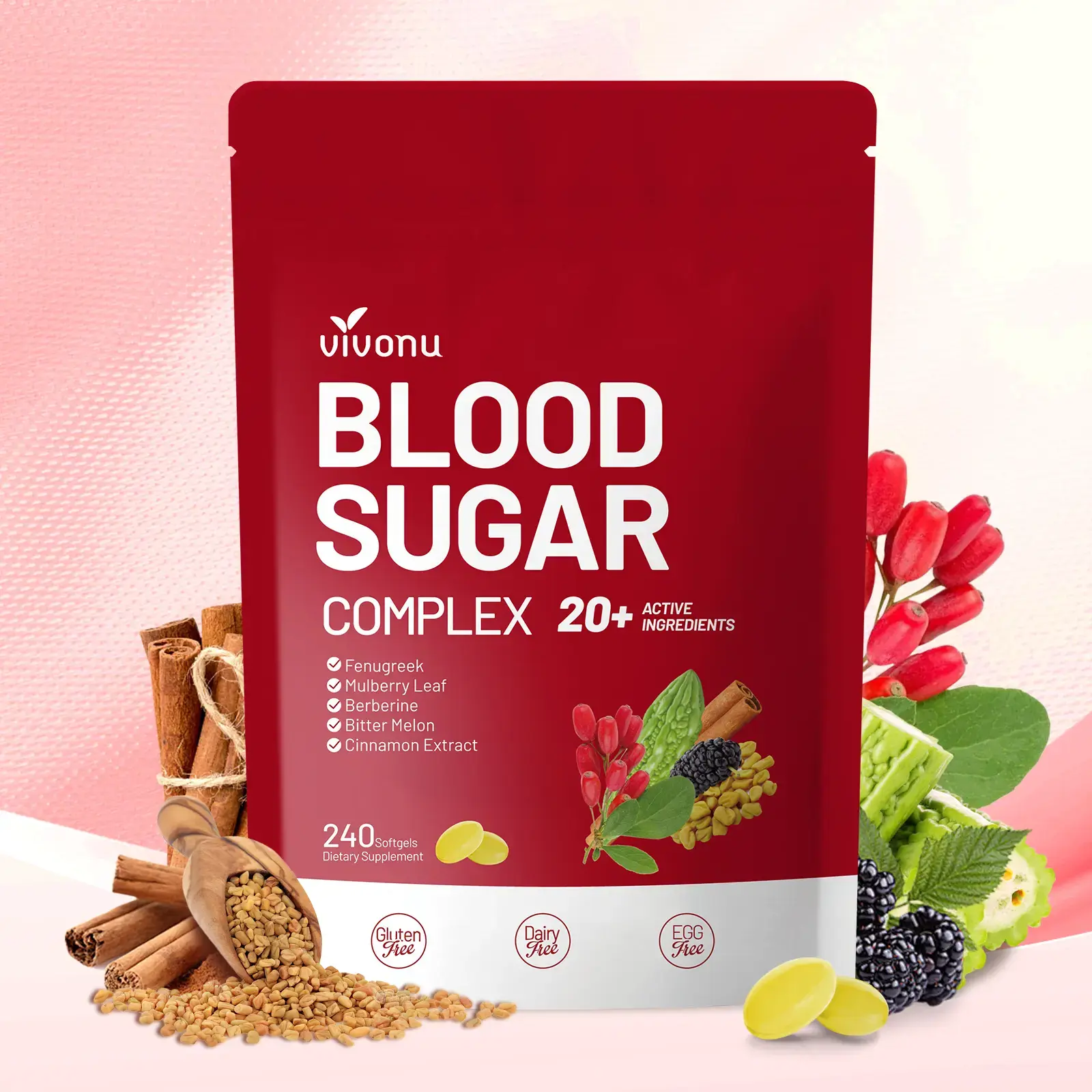 VIVONU BLOOD SUGAR COMPLEX –Blood Sugar Balance | Antioxidant Support | Metabolic Support | Enhanced Absorption | Bitter Melon + Turmeric + Cinnamon + Mulberry Leaf + Berberine + Fenugreek | 240 Capsules per Bag