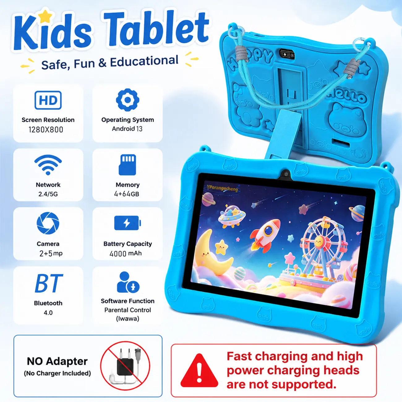 【tiktokshopbacktoschool】7-inch  Kids Tablet Android 13 4GB+64GB | Parental Control 2.4G/5G WiFi | Tablet de Colores Shockproof Soft Case | New Tablet for Kids Age 3+ Birthday Gift，NO Adapter Portable Touch Screen Tablet