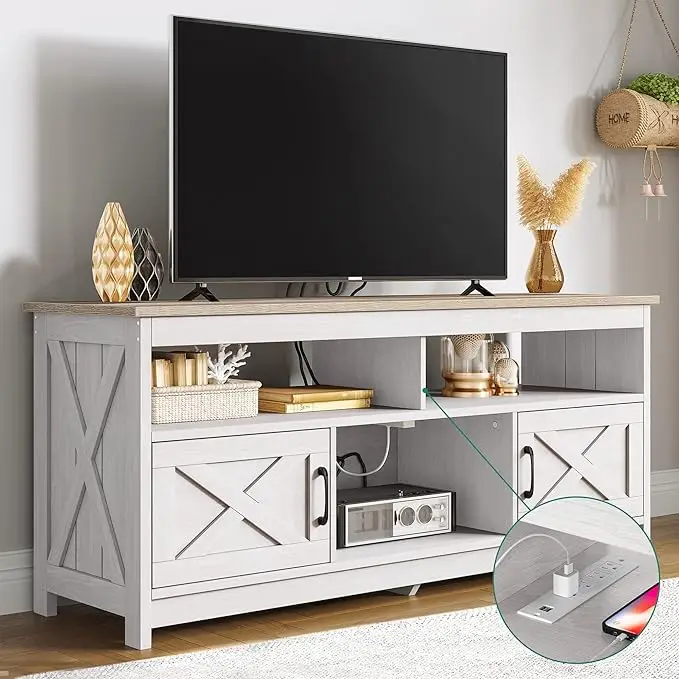 Yitahome TV Stand for TV with Power Outlet, TV Media Console Table with Storage Cabinets and Open Shelf, Mid Century Modern Entertainment Center for L