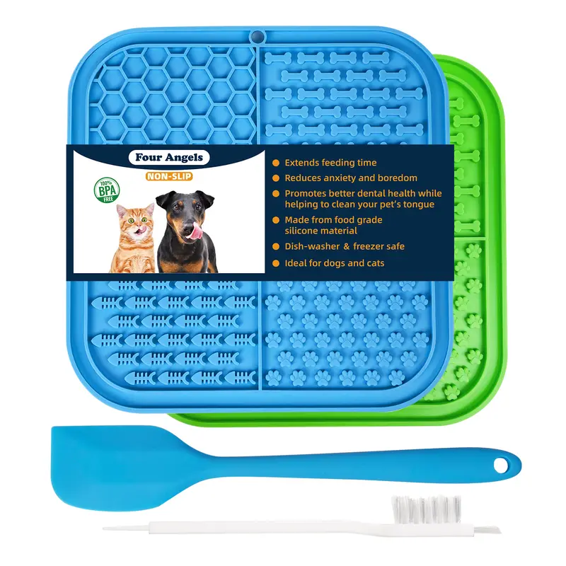 4-Pack BPA-Free Dog Lick Mats Slow Feeder - 8in*8in Food Grade Textured Pads with Durable Suctions, Wall-Mounted Pet Bowl for Bathroom Use, Anxiety Relief, Dental Care - Easy to Clean, MSD