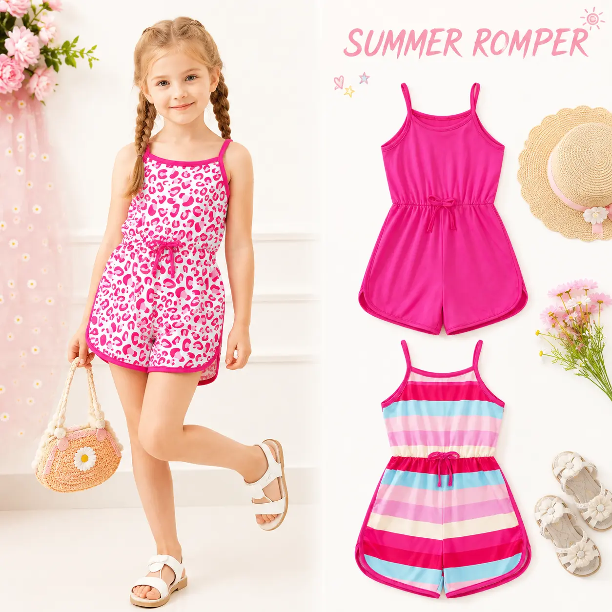 Toddler Girls 3-Pack Summer Romper Set, Sleeveless Cami Jumpsuits with Solid, Leopard and Stripe Prints, Casual One-Piece Outfits for Playtime and Vacation