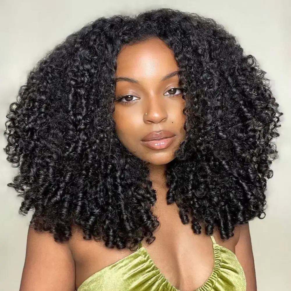 Pobokix Burmese Curly 3 IN 1 Half Wigs Human Hair Glueless Wig Human Hair Half Wig Drawstring 200% Density Burmese Curly Hair Half Wig For Women