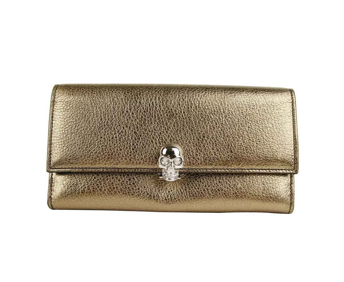 Pre-owned Alexander McQueen Leather Small Leather Goods Women's Gold Metallic Flap With Skull Wallet