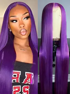 Purple Straight Synthetic Wig Long Silk Hair No Knotted Heat Resistant HD Fiber Lace Front Wigs Synthetic Material Wigs for Unisex Use Grape Purple Color Hair for Cosplay Makeup Wear Synthetic Hair Pieces