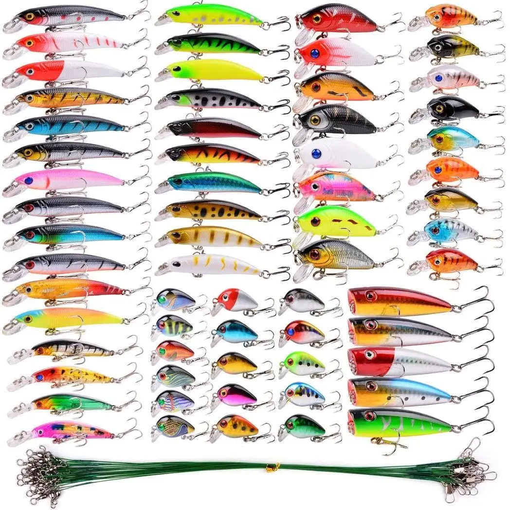 Assorted Fishing Lures Kit - Multi-Colored Hard Body Minnow, Popper, and Crankbait Baits for Freshwater and Saltwater Trout, Bass, Salmon Fishing, Mixed